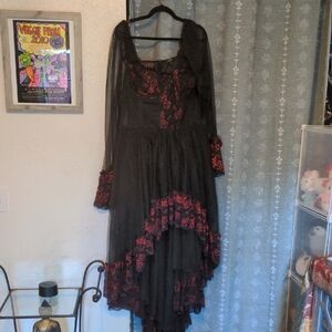 Black and Red Asymmetrical Tiered Gown with Bishop Sleeves